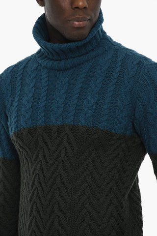 Two-Tone Merino Wool Turtleneck Cable-Knit Sweater