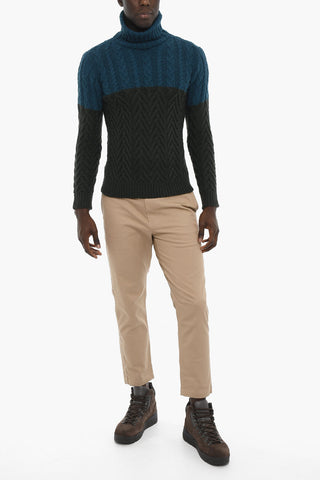 Two-Tone Merino Wool Turtleneck Cable-Knit Sweater