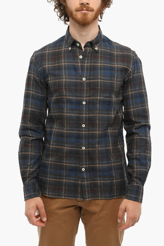 Plaid Motif Cotton Shirt with Button-Down Collar and Breast Pocket