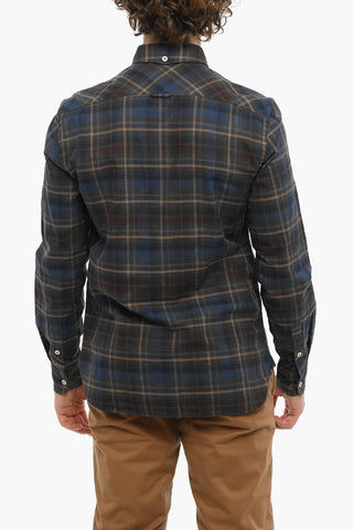 Plaid Motif Cotton Shirt with Button-Down Collar and Breast Pocket
