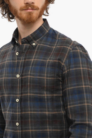 Plaid Motif Cotton Shirt with Button-Down Collar and Breast Pocket