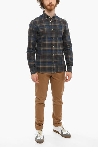 Plaid Motif Cotton Shirt with Button-Down Collar and Breast Pocket