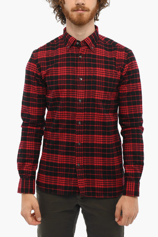 Tartan Motif Cotton Flannel Shirt with Button-Down Collar and Breast Pocket