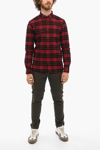 Tartan Motif Cotton Flannel Shirt with Button-Down Collar and Breast Pocket