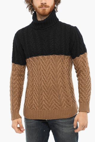 Two-Tone Merino Wool Turtleneck Cable-Knit Sweater