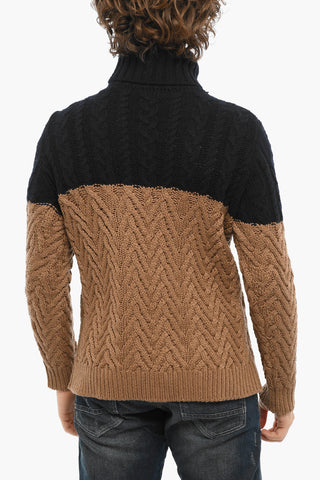 Two-Tone Merino Wool Turtleneck Cable-Knit Sweater