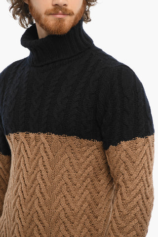 Two-Tone Merino Wool Turtleneck Cable-Knit Sweater