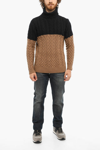 Two-Tone Merino Wool Turtleneck Cable-Knit Sweater
