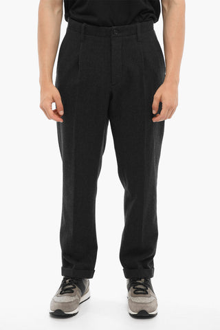 Wool and Cotton Single Pleat Pants with Belt Loops