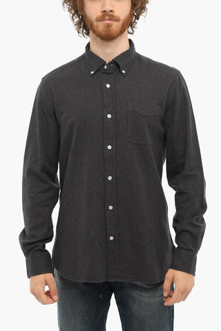 Cotton Flannel Shirt with Button-Down Collar and Breast Pocket