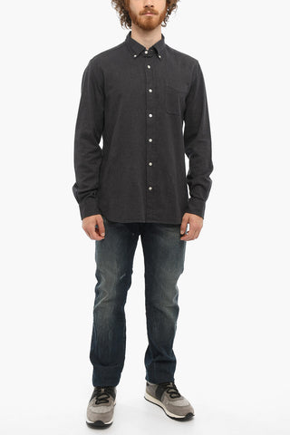 Cotton Flannel Shirt with Button-Down Collar and Breast Pocket