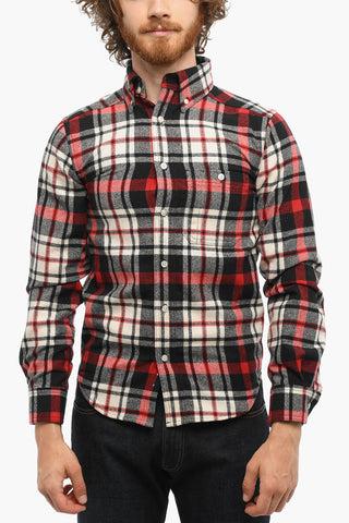 Plaid Motif Wool Shirt with Button-Down Collar