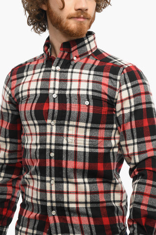 Plaid Motif Wool Shirt with Button-Down Collar