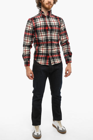 Plaid Motif Wool Shirt with Button-Down Collar