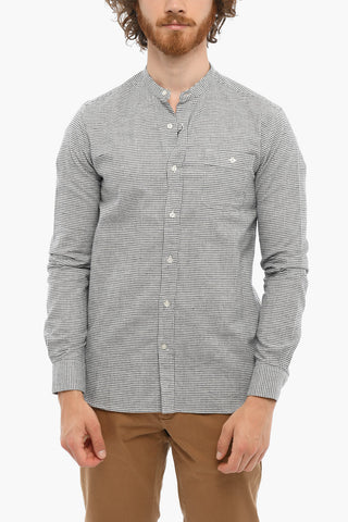 Checked Cotton and Linen Shirt with Mandarin Collar