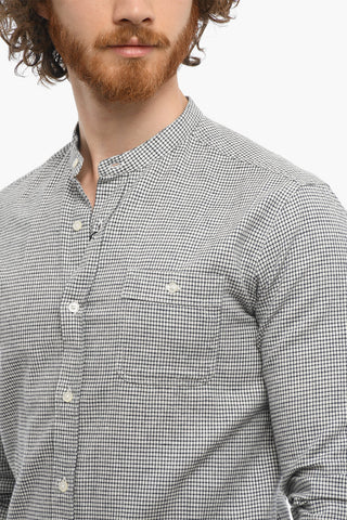 Checked Cotton and Linen Shirt with Mandarin Collar
