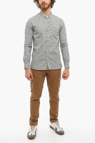 Checked Cotton and Linen Shirt with Mandarin Collar