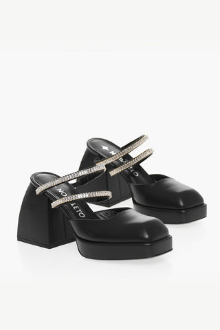 Leather Mules With Rhinestones Embelished Straps And Squared Heel 9 cm