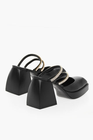 Leather Mules With Rhinestones Embelished Straps And Squared Heel 9 cm