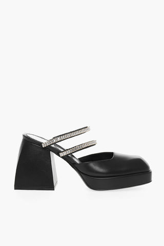 Leather Mules With Rhinestones Embelished Straps And Squared Heel 9 cm
