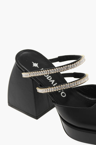 Leather Mules With Rhinestones Embelished Straps And Squared Heel 9 cm