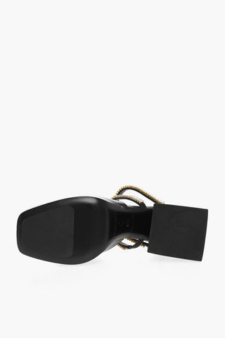 Leather Mules With Rhinestones Embelished Straps And Squared Heel 9 cm