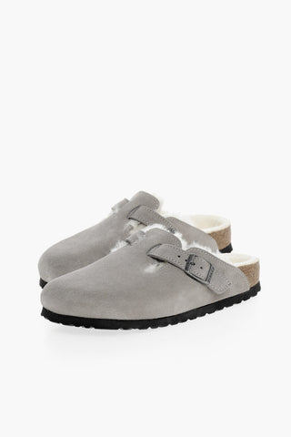 Suede Leather Sabot With Shearling Padding