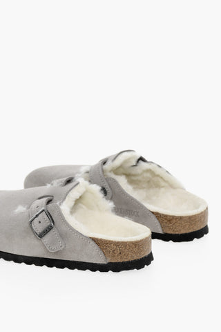 Suede Leather Sabot With Shearling Padding