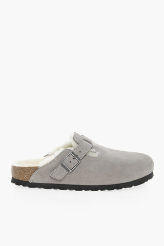 Suede Leather Sabot With Shearling Padding
