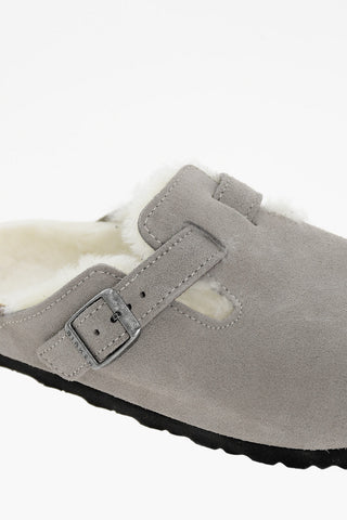 Suede Leather Sabot With Shearling Padding