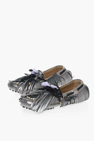 Mocassini In Pelle Metallizzata PULI Con Frange E Strass