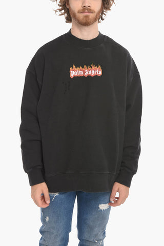 Crew Neck BURNING LOGO Distressed Cotton Sweatshirt