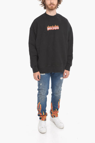 Crew Neck BURNING LOGO Distressed Cotton Sweatshirt
