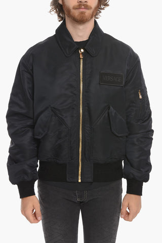 Quilted Zip-up Bomber Jacket with Logo Patch