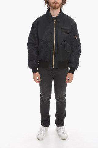 Quilted Zip-up Bomber Jacket with Logo Patch