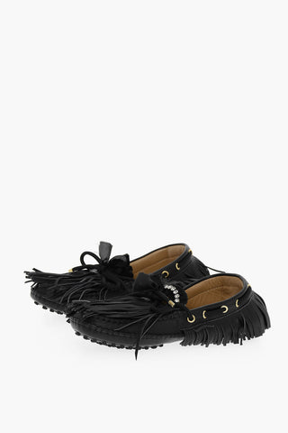Leather PULI Loafers With Rhinestones And Fringes