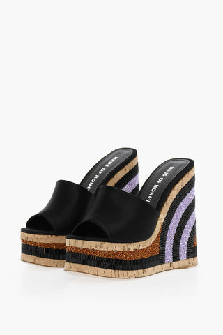 Satin Mules With Wedge Embelished With Beads 14 cm