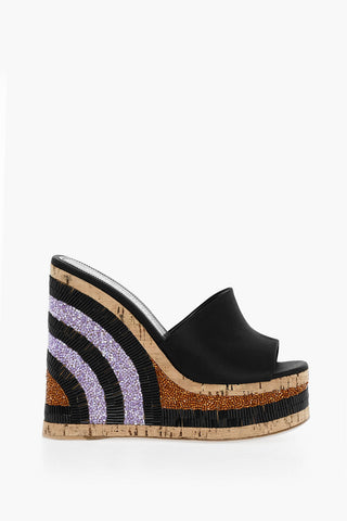 Satin Mules With Wedge Embelished With Beads 14 cm