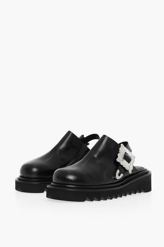 Leather Mules With Jewel Buckle