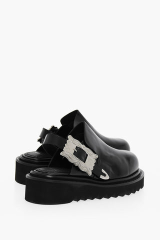 Leather Mules With Jewel Buckle
