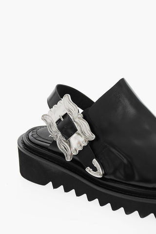 Leather Mules With Jewel Buckle