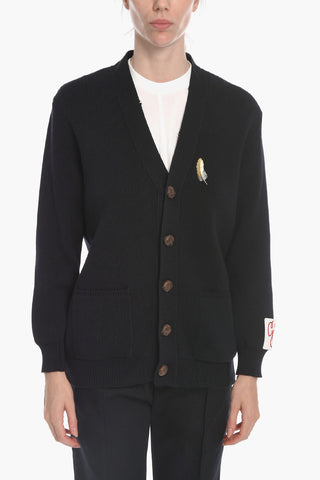 Distressed Cotton Cardigan with Brooch Detail