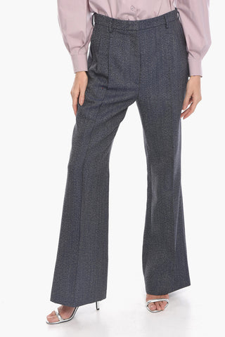Pleat-front Flared Trousers with Herringbone Pattern