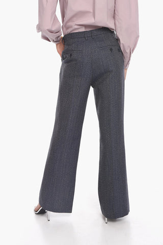 Pleat-front Flared Trousers with Herringbone Pattern