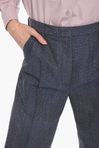 Pleat-front Flared Trousers with Herringbone Pattern