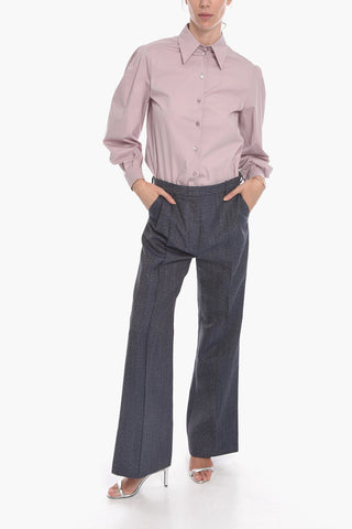 Pleat-front Flared Trousers with Herringbone Pattern