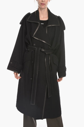 Wool and Cowhide Double-breasted Coat with Tie Belt