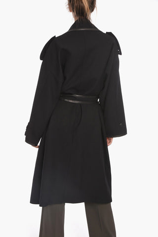 Wool and Cowhide Double-breasted Coat with Tie Belt