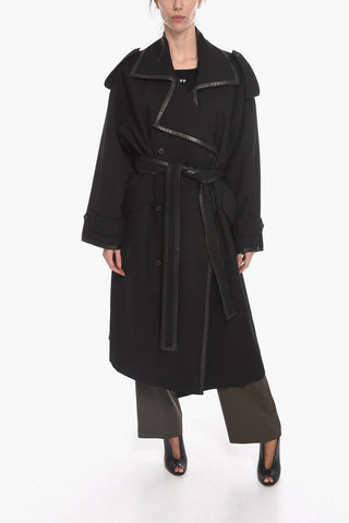 Wool and Cowhide Double-breasted Coat with Tie Belt