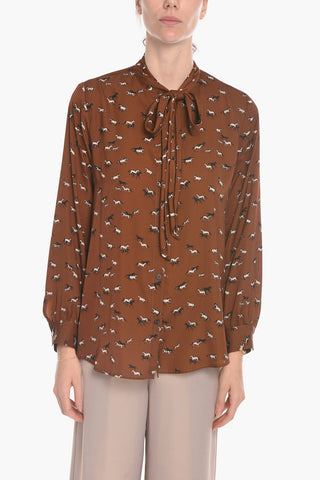 Tech-satin JOANA Tie-neck Blouse with Horse Print